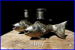 Vintage antique fish shaped candlestick holder unique design brass silver plate