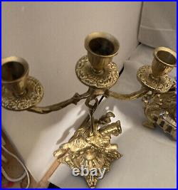 Vintage brass Clock on horseback clock and 2 X candle sticks set of 3