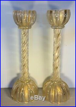Vintage murano glass Venetian candlesticks Italian with gold flakes PAIR