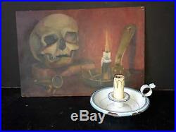 Vintage oil painting, MEMENTO MORI, skull and candlestick