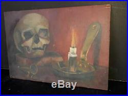 Vintage oil painting, MEMENTO MORI, skull and candlestick