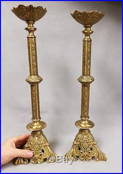 Vintage or Antique Pair Tall Ornate Brass Candlesticks