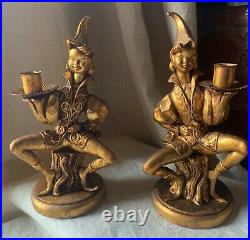 Vintage pair Puddu Gold Polyresin Jeweled Seated Pixy Elf Nymph Candlestick