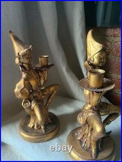Vintage pair Puddu Gold Polyresin Jeweled Seated Pixy Elf Nymph Candlestick