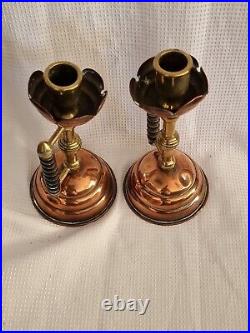 Vintage pair of Copper and Brass Candlesticks designed by Christopher Dresser