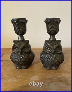 Vintage pair of Metal Owl Candle holders possibly bronze