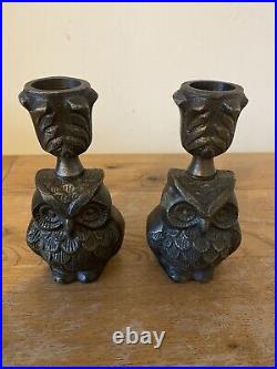 Vintage pair of Metal Owl Candle holders possibly bronze