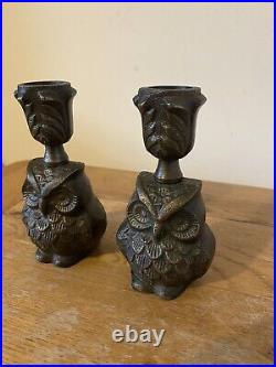 Vintage pair of Metal Owl Candle holders possibly bronze