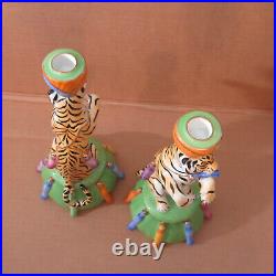 Vtg 1994 Pair Lynn Chase Tiger Raj Candlestick Big Cat Candle Holders +Catalog