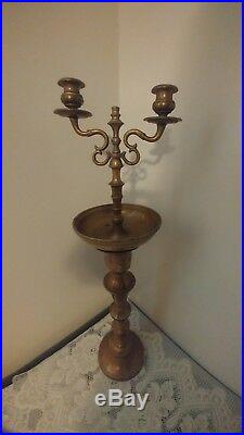 Vtg Brass Candlestick Candle Holder & Holly Water Floor Altar Church 24'' tall