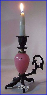 Vtg Chickens Claw Foot Chamberstick Figural Candlestick Cast Iron Pink Glass