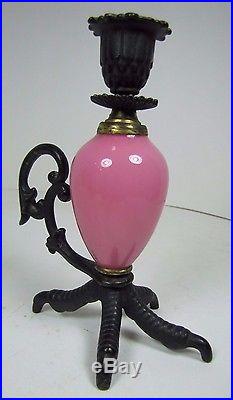 Vtg Chickens Claw Foot Chamberstick Figural Candlestick Cast Iron Pink Glass