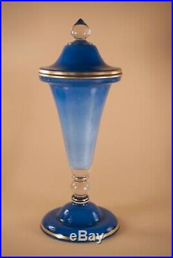 Vtg Co-Operative Flint Glass Rose Leaf Jar & Candlesticks Set Blue Gold