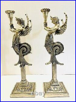 Vtg Continental Winged Pair Of Silvertone Metal Mermaids Art Deco Candlesticks