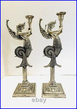 Vtg Continental Winged Pair Of Silvertone Metal Mermaids Art Deco Candlesticks