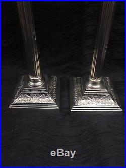 Vtg Corinthian Style 18 Column Candlesticks Silver Toned Ribbon Leaves Accents