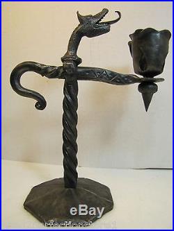 Vtg Dragon Head Figural Candlestick hand hammered wrought iron ornate detail