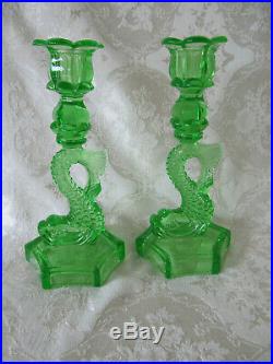 Vtg Green WESTMORELAND DOLPHIN Glass Pair Candle Holder Candlestick Koi fish