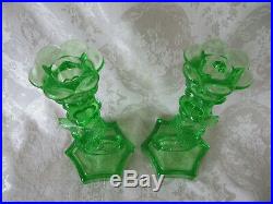 Vtg Green WESTMORELAND DOLPHIN Glass Pair Candle Holder Candlestick Koi fish