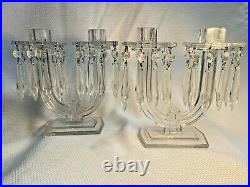 Vtg Heisey Art Deco 20/30's Pressed Glass Two Armed Candlestick Holders With Prism