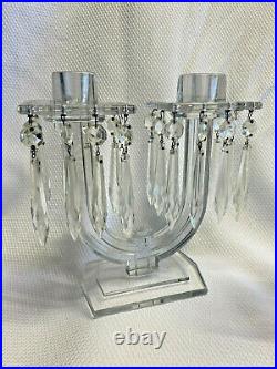 Vtg Heisey Art Deco 20/30's Pressed Glass Two Armed Candlestick Holders With Prism