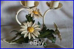 Vtg Italian Tole Toleware Metal Candlestick Wall Scone Yellow White Daisy Flower