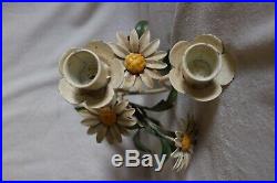 Vtg Italian Tole Toleware Metal Candlestick Wall Scone Yellow White Daisy Flower