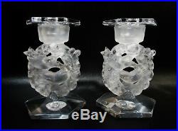 Vtg Lalique Crystal France Pair Mesanges Candle Sticks with Bobeche Holders 2126