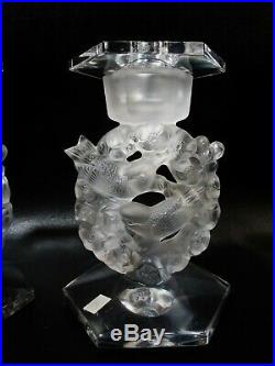 Vtg Lalique Crystal France Pair Mesanges Candle Sticks with Bobeche Holders 2126