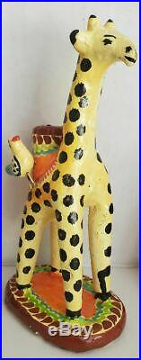 Vtg Mexico Folk Art Giraffe Tree of Life Hand Painted Candle Stick FREE US SHIP