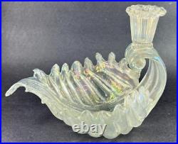 Vtg Murano Venice Iridescent Blown Glass Shell Candlestick Holder Italy Glows