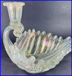 Vtg Murano Venice Iridescent Blown Glass Shell Candlestick Holder Italy Glows