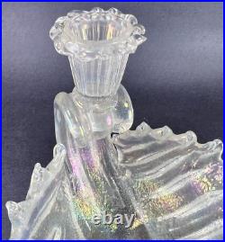 Vtg Murano Venice Iridescent Blown Glass Shell Candlestick Holder Italy Glows