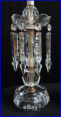 Vtg Pair French Cut Glass Crystal Prisms Candlestick Boudoir Mantel Buffet LAMPS
