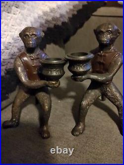 Vtg Pair Of Bronze Cast Vested Monkey Candlestick Holder