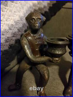 Vtg Pair Of Bronze Cast Vested Monkey Candlestick Holder