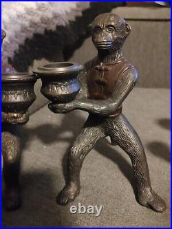 Vtg Pair Of Bronze Cast Vested Monkey Candlestick Holder