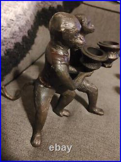 Vtg Pair Of Bronze Cast Vested Monkey Candlestick Holder