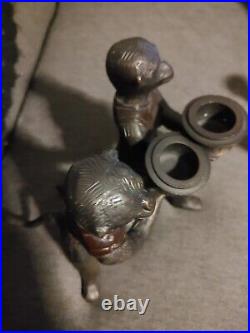 Vtg Pair Of Bronze Cast Vested Monkey Candlestick Holder