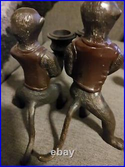 Vtg Pair Of Bronze Cast Vested Monkey Candlestick Holder