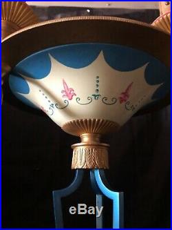 Vtg Rare French Tole Bouillotte Style Brass Candle Stick Lamp Pretty Blue