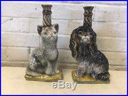 Vtg Rare R Capodimonte Italian Pair of Majolica Pottery Cat & Dog Candlesticks
