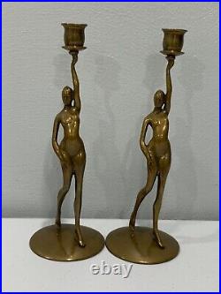 Vtg Robert Thew Patinated Bronze Art Deco Style Nude Woman Candle Sticks Holders