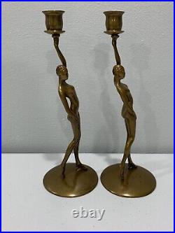 Vtg Robert Thew Patinated Bronze Art Deco Style Nude Woman Candle Sticks Holders