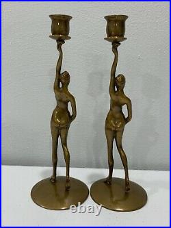 Vtg Robert Thew Patinated Bronze Art Deco Style Nude Woman Candle Sticks Holders