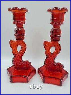 Vtg WESTMORELAND DOLPHIN KOI FISH Ruby Red Glass Candle Holder Candlestick Set/2