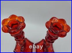 Vtg WESTMORELAND DOLPHIN KOI FISH Ruby Red Glass Candle Holder Candlestick Set/2
