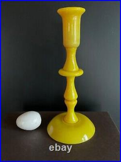 Vtg YELLOW hand blown art glass CANDLE STICK holder turnings, orange slag MOD POP