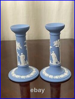 Wedgwood Pale Blue Jasperware Pair of 6.5 Candlesticks Candle Holders 1965 MINT