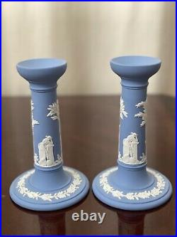Wedgwood Pale Blue Jasperware Pair of 6.5 Candlesticks Candle Holders 1965 MINT